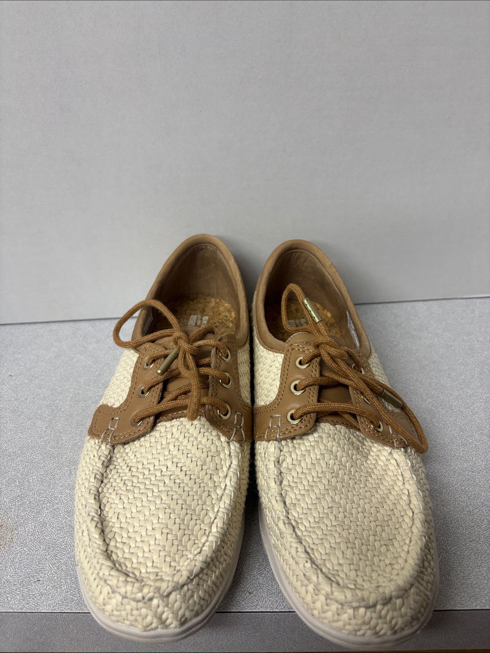Skechers Cream Woven Sneakers with Brown Trim